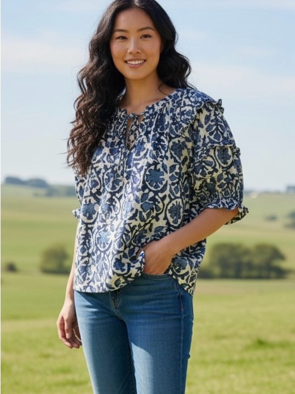Blue and White Printed Tie-Neck Peasant Blouse - Picture 2 of 5